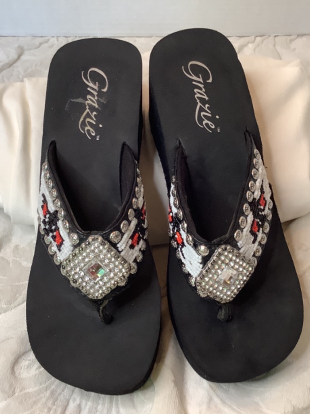 EUC Gracie western platform sandals flip flops black silver bling - Picture 5 of 12